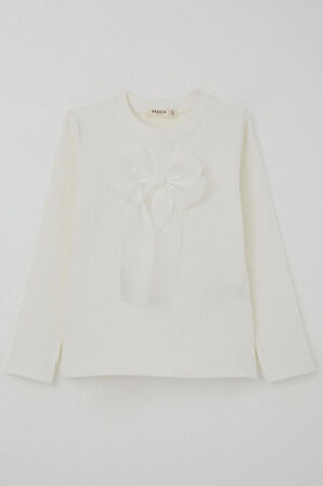 Breeze Kız Çocuk Uzun Kollu Tişört Fiyonk Aksesuarlı 8-12 Yaş, Ekru