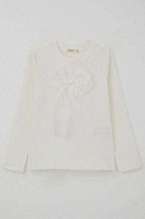 Breeze Kız Çocuk Uzun Kollu Tişört Fiyonk Aksesuarlı 8-12 Yaş, Ekru