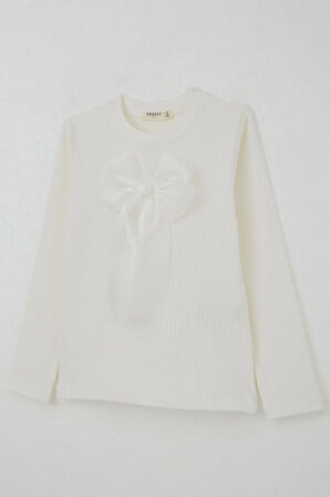 Breeze Kız Çocuk Uzun Kollu Tişört Fiyonk Aksesuarlı 8-12 Yaş, Ekru