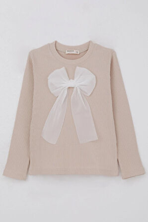 Breeze Kız Çocuk Uzun Kollu Tişört Fiyonk Aksesuarlı 8-12 Yaş, Bej