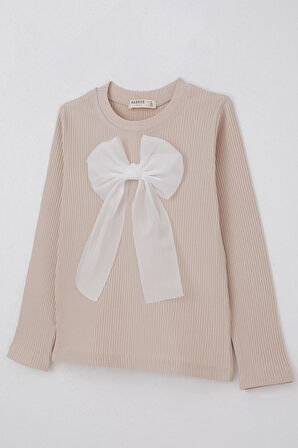 Breeze Kız Çocuk Uzun Kollu Tişört Fiyonk Aksesuarlı 8-12 Yaş, Bej