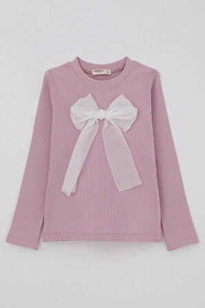 Breeze Kız Çocuk Uzun Kollu Tişört Fiyonk Aksesuarlı 8-12 Yaş, Lila