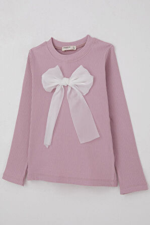 Breeze Kız Çocuk Uzun Kollu Tişört Fiyonk Aksesuarlı 8-12 Yaş, Lila