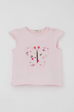 Breeze Kız Bebek Şortlu Takım Çiçek Baskılı Kelebek Nakışlı Düğme Aksesuarlı 6 Ay-2 Yaş, Pembe