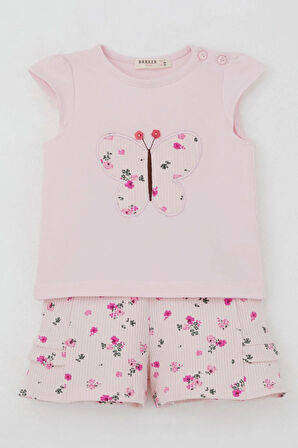 Breeze Kız Bebek Şortlu Takım Çiçek Baskılı Kelebek Nakışlı Düğme Aksesuarlı 6 Ay-2 Yaş, Pembe