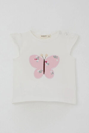 Breeze Kız Bebek Şortlu Takım Çiçek Baskılı Kelebek Nakışlı Düğme Aksesuarlı 6 Ay-2 Yaş, Ekru