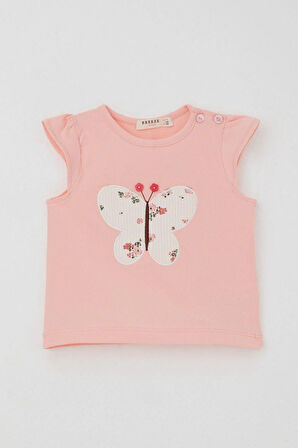 Breeze Kız Bebek Şortlu Takım Çiçek Baskılı Kelebek Nakışlı Düğme Aksesuarlı 6 Ay-2 Yaş, Somon