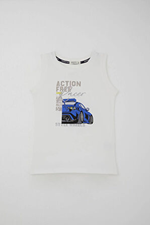 Breeze Erkek Çocuk Şortlu Takım Sıfır Kollu Yarış Pistinin Kahramanı Araba Baskılı 5-10 Yaş, Beyaz