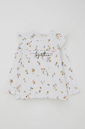 Breeze Kız Çocuk Taytlı Takım Renkli Çiçek Desenli Omuzu Fırfırlı 2-6 Yaş, Beyaz