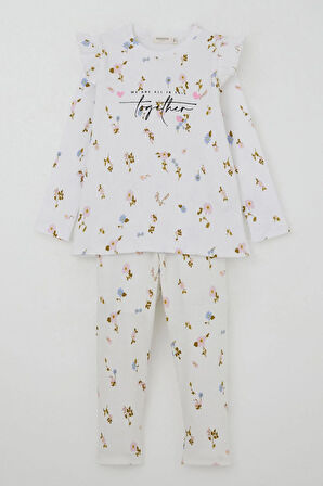 Breeze Kız Çocuk Taytlı Takım Renkli Çiçek Desenli Omuzu Fırfırlı 2-6 Yaş, Beyaz