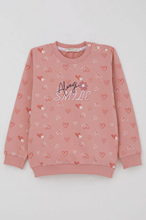 Breeze Kız Çocuk Sweatshirt Kalp Desenli Yazı Baskılı 1.5-5 Yaş, Gülkurusu