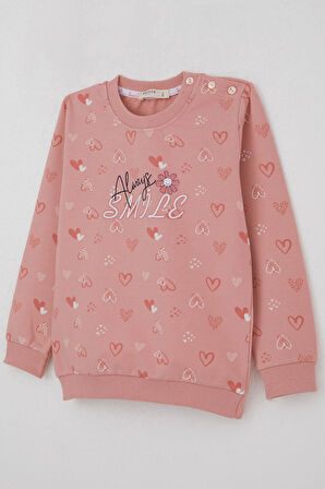 Breeze Kız Çocuk Sweatshirt Kalp Desenli Yazı Baskılı 1.5-5 Yaş, Gülkurusu