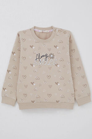 Breeze Kız Çocuk Sweatshirt Kalp Desenli Yazı Baskılı 1.5-5 Yaş, Bej