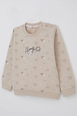 Breeze Kız Çocuk Sweatshirt Kalp Desenli Yazı Baskılı 1.5-5 Yaş, Bej