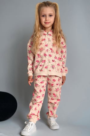 Breeze Kız Çocuk Eşofman Takımı Çiçek Desenli Kapüşonlu 1.5-5 Yaş, Krem