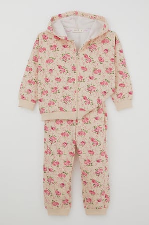 Breeze Kız Çocuk Eşofman Takımı Çiçek Desenli Kapüşonlu 1.5-5 Yaş, Krem