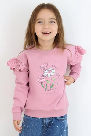 Breeze Kız Çocuk Sweatshirt Omuzları Çiçek Nakış Detaylı Çiçek Baskılı 2-6 Yaş, Gülkurusu