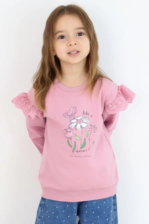 Breeze Kız Çocuk Sweatshirt Omuzları Çiçek Nakış Detaylı Çiçek Baskılı 2-6 Yaş, Gülkurusu