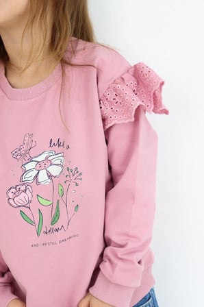 Breeze Kız Çocuk Sweatshirt Omuzları Çiçek Nakış Detaylı Çiçek Baskılı 2-6 Yaş, Gülkurusu