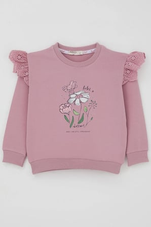 Breeze Kız Çocuk Sweatshirt Omuzları Çiçek Nakış Detaylı Çiçek Baskılı 2-6 Yaş, Gülkurusu