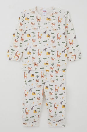 Breeze Erkek Bebek Pijama Takımı Omuzdan Patlı Bebek Hayvanat Bahçesi 4 Ay-1 Yaş, Ekru