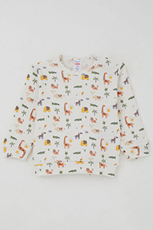 Breeze Erkek Bebek Pijama Takımı Omuzdan Patlı Bebek Hayvanat Bahçesi 4 Ay-1 Yaş, Ekru