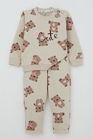 Breeze Kız Bebek Eşofman Takım Mutlu Ayıcık Desenli 6 Ay-2 Yaş, Bej