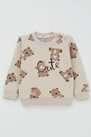 Breeze Kız Bebek Eşofman Takım Mutlu Ayıcık Desenli 6 Ay-2 Yaş, Bej