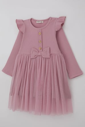 Breeze Kız Çocuk Uzun Kollu Elbise Omzu Fırfır Detaylı Fiyonklu 3-8 Yaş, Gülkurusu