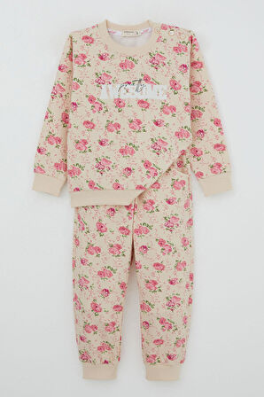 Breeze Kız Çocuk Eşofman Takım Çiçek Desenli 1.5-5 Yaş, Bej