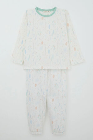 Breeze Kız Çocuk Pijama Takımı Bahar Fısıltısı Renkli Yapraklar Desenli 4-8 Yaş, Ekru