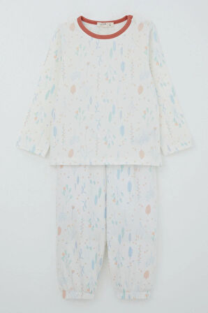 Breeze Kız Bebek Pijama Takımı Bahar Fısıltısı Renkli Yapraklar Desenli 9 Ay-3 Yaş, Ekru