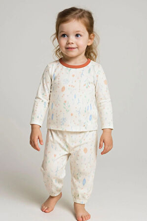 Breeze Kız Bebek Pijama Takımı Bahar Fısıltısı Renkli Yapraklar Desenli 9 Ay-3 Yaş, Ekru