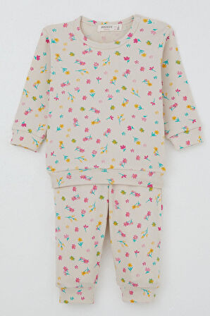 Breeze Kız Bebek Pijama Takımı Omuzdan Patlı Renkli Çiçek Desenli 4 Ay-1 Yaş, Krem