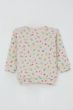 Breeze Kız Bebek Pijama Takımı Omuzdan Patlı Renkli Çiçek Desenli 4 Ay-1 Yaş, Krem