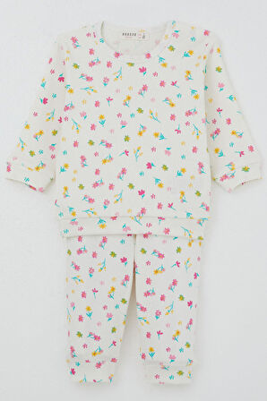 Breeze Kız Bebek Pijama Takımı Omuzdan Patlı Renkli Çiçek Desenli 4 Ay-1 Yaş, Ekru