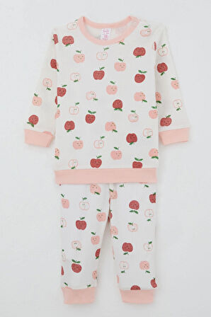 Breeze Kız Bebek Pijama Takımı Omuzdan Patlı Sevimli Minik Elma Desenli 4 Ay-1 Yaş, Ekru