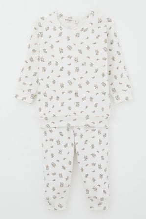 Breeze Kız Bebek Pijama Takımı Omuzdan Patlı Çiçek Desenli 4 Ay-1 Yaş, Ekru