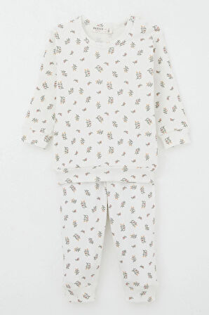 Breeze Kız Bebek Pijama Takımı Omuzdan Patlı Çiçek Desenli 4 Ay-1 Yaş, Ekru