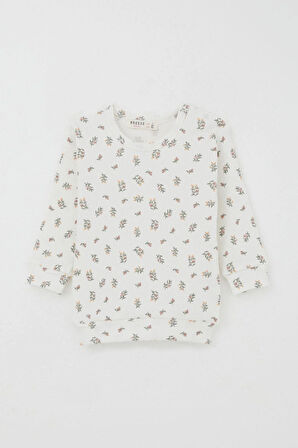 Breeze Kız Bebek Pijama Takımı Omuzdan Patlı Çiçek Desenli 4 Ay-1 Yaş, Ekru