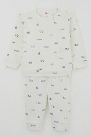 Breeze Erkek Bebek Pijama Takımı Omuzdan Patlı Mini Taşıtlar Dünyası 4 Ay-1 Yaş, Ekru