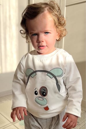 Breeze Erkek Bebek Eşofman Takımı Kulaklıklı Köpekçik Nakışlı 9 Ay-3 Yaş, Beyaz