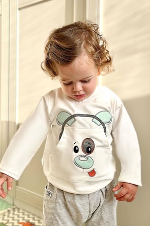 Breeze Erkek Bebek Eşofman Takımı Kulaklıklı Köpekçik Nakışlı 9 Ay-3 Yaş, Beyaz