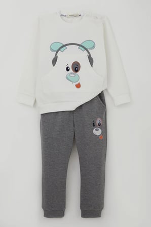 Breeze Erkek Bebek Eşofman Takımı Kulaklıklı Köpekçik Nakışlı 9 Ay-3 Yaş, Beyaz