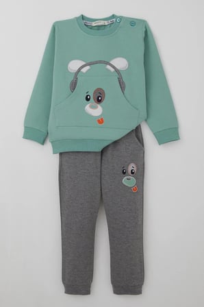 Breeze Erkek Bebek Eşofman Takımı Kulaklıklı Köpekçik Nakışlı 9 Ay-3 Yaş, Su Yeşili