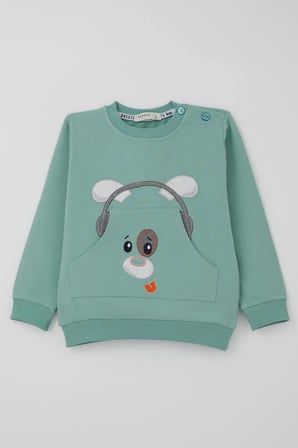 Breeze Erkek Bebek Eşofman Takımı Kulaklıklı Köpekçik Nakışlı 9 Ay-3 Yaş, Su Yeşili