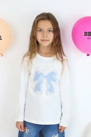 Breeze Kız Çocuk Uzun Kollu Tişört Fiyonk Baskılı Taş Aksesuar Detaylı 8-12 Yaş, Beyaz