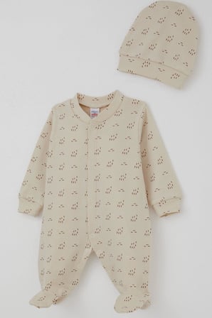 Breeze Erkek Bebek Patikli Tulum Desenli 0-6 Ay, Bej