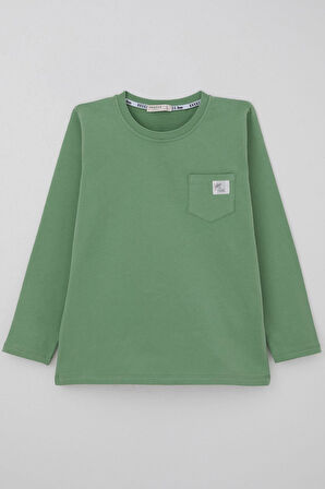 Breeze Erkek Çocuk Uzun Kollu Tişört Cool Yazı Armalı Cepli 4-8 Yaş, Mint Yeşili