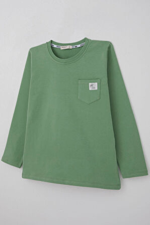 Breeze Erkek Çocuk Uzun Kollu Tişört Cool Yazı Armalı Cepli 4-8 Yaş, Mint Yeşili